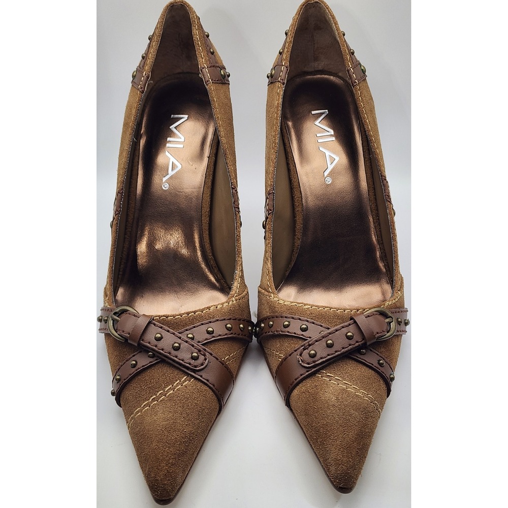 MIA Funky C10823 Tan Suede Studded Buckle Pointed Toe Stiletto Pumps Womens 7M